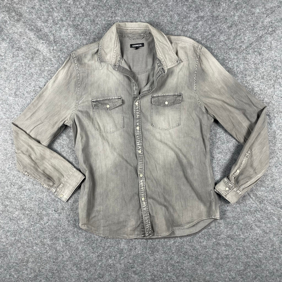 Express Women's Grey Acid Wash Denim Western Shirt Pearl Snap Large - Picture 2 of 6